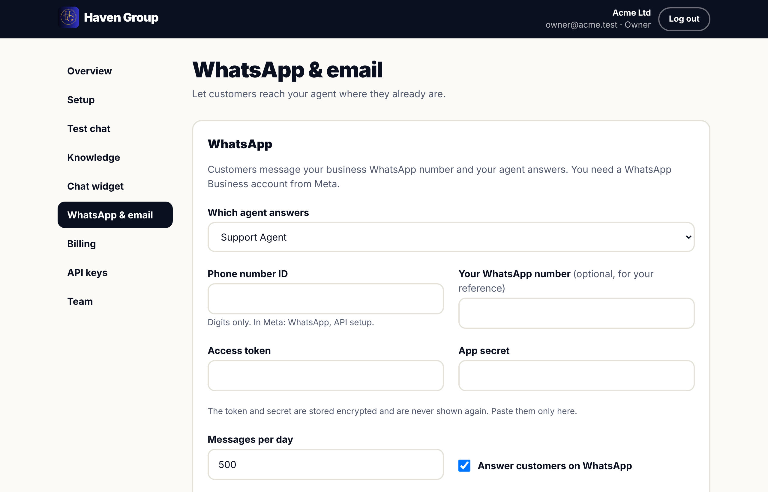 Screenshot of the WhatsApp and email settings page.