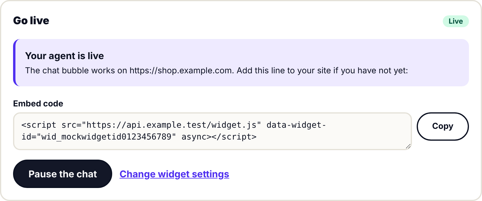 Screenshot of the Go live panel showing the agent is live and the embed code.