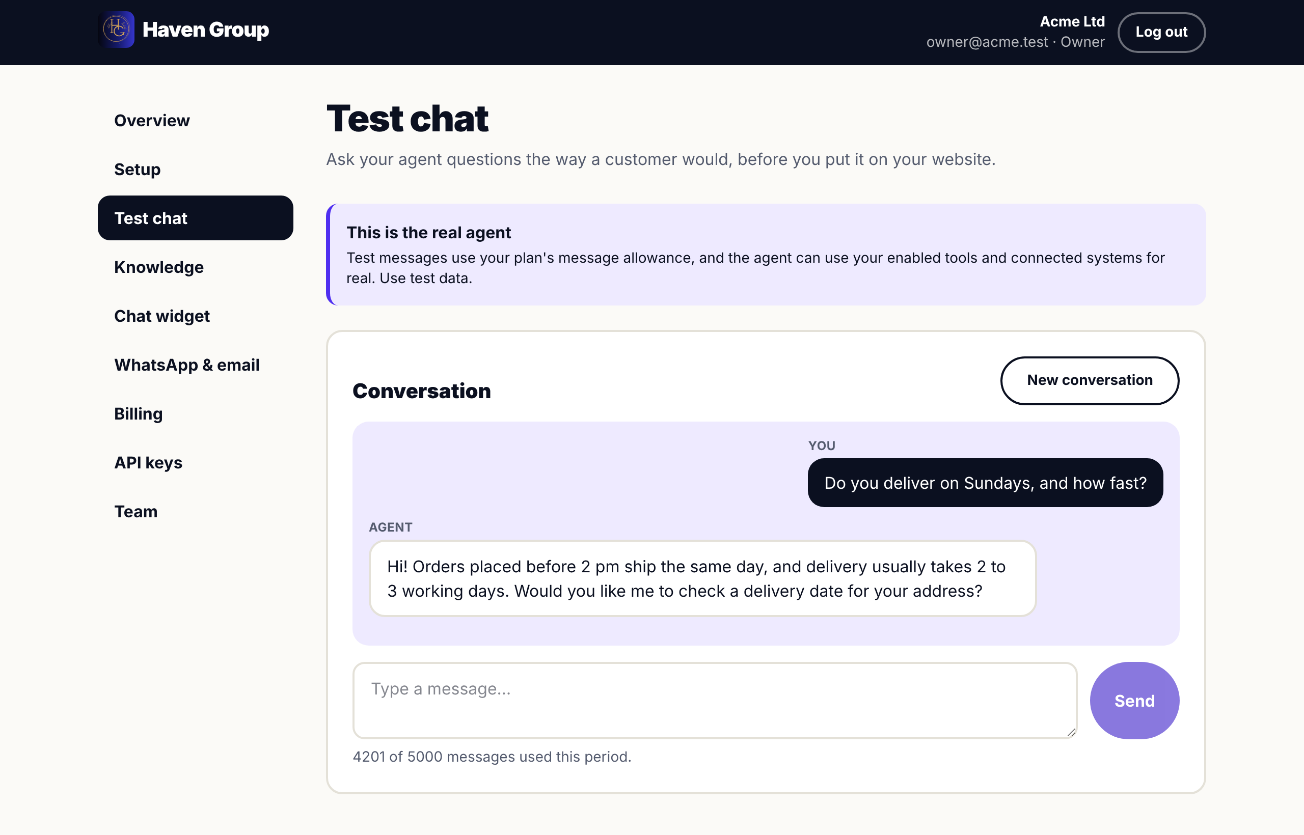 Screenshot of the Test chat page with a question and the agent's answer.